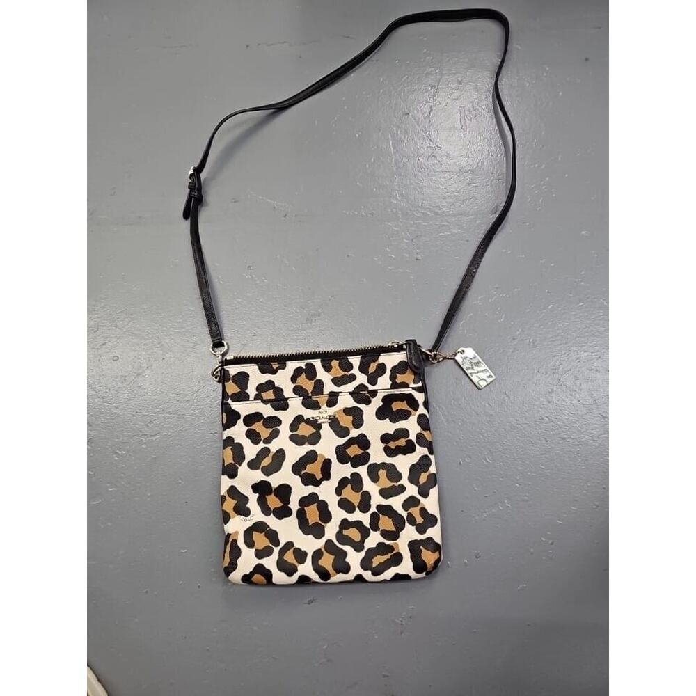 Coach Small Crossbody Bag Beige Leopard Print Leather Adjustable Strap Lined